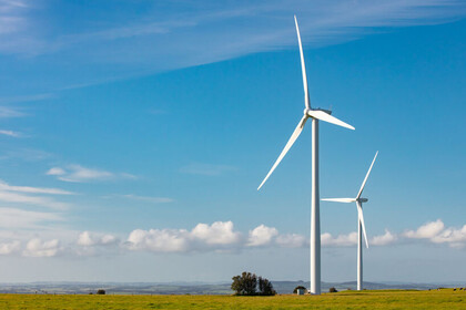 Zwei Windräder stehen bei blauem Himmel auf einer Wiese. 