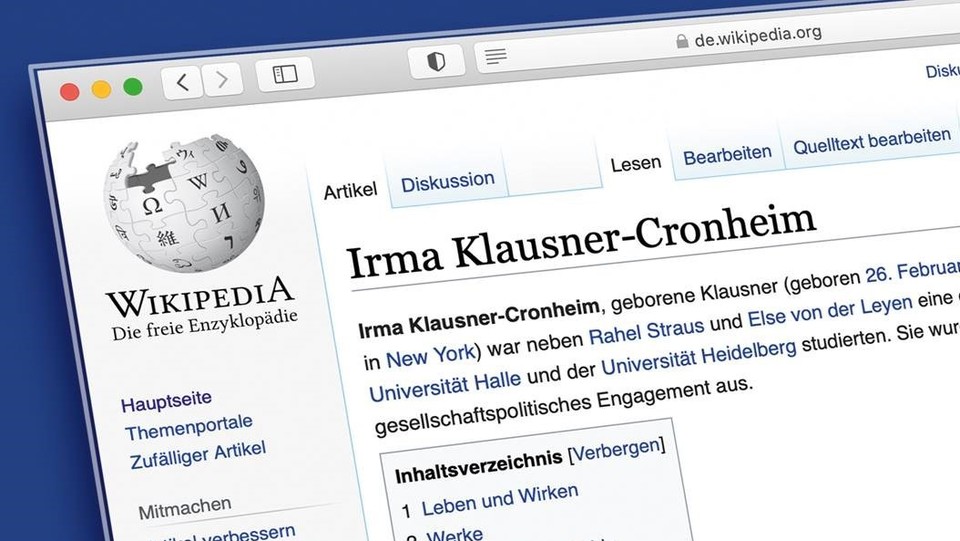 Screenshot von dem Wikipedia-Eintrag von Irma Klauser-Cronheim.