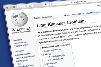 Screenshot von dem Wikipedia-Eintrag von Irma Klauser-Cronheim.