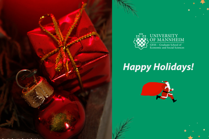 A Christmas card. On the left there is a gift wrapped in red wrapping paper and a gold bow and a red ornament. On the right there is a Santa on a green background featuring the GESS logo and a Holiday Greeting.