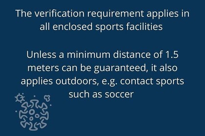 "3G obligatorisch. Die Nachweispflicht gilt für alle geschlossenen Sportanlagen. Es sei denn, ein Mindestabstand von 1,5 Metern kann garantiert werden. Sie gilt auch im Freien, z. B. bei Kontaktsportarten wie Fußball."