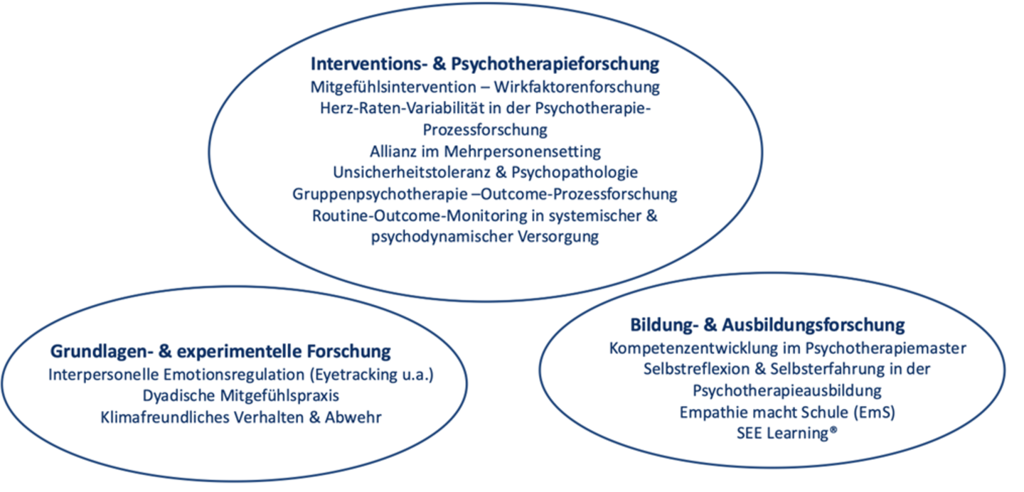 Übersicht über die Forschungslinien, aufgegliedert in Grundlagen- und experimentelle Forschung, Interventions- und Psychotherapieforschung und Bildungs- und Ausbildungsforschung