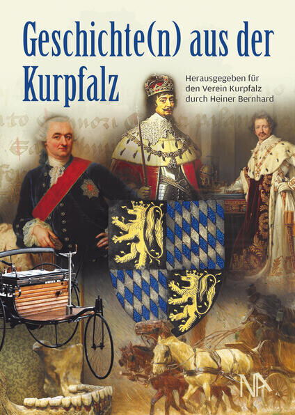 Buchcover 'Geschichte(n) aus der Kurpfalz' mit drei historischen Figuren und dem kurpfälzischen Wappen mit blau-weißem Rauten und zwei goldenen Löwen