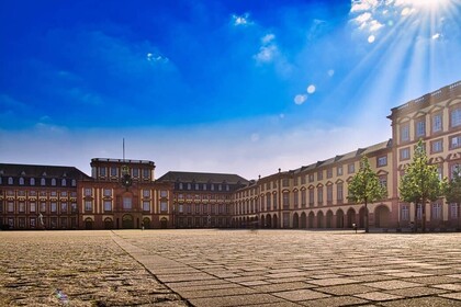 Blick auf den Mittelbau und Westflügel der Universität Mannheim. Die Sonne scheint und der Himmel ist blau.