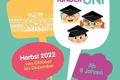 Grafik aus stilisierten Sprechblasen. Jede Sprechblase hat eine andere Farbe. Der Text in den Sprechblasen informieren über die Veranstaltung Kinder Uni, die im Herbst 2022 von Oktober bis Dezember im Mannheimer Schloss stattfindet. Sie richtet sich an Kinder ab 8 Jahren. Link: Instagram Post Kinder Uni