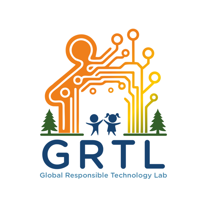 Logo of the GRTL Lab, two children in front of a background that combines a gingerbread house and a platine