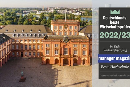 Mannheimer Schloss von schräg oben, Kasten mit Text: "Deutschlands beste Wirtschaftsprüfer 2022/23. Im Fach Wirtschaftsprüfung. manager magazin. Beste Hochschule