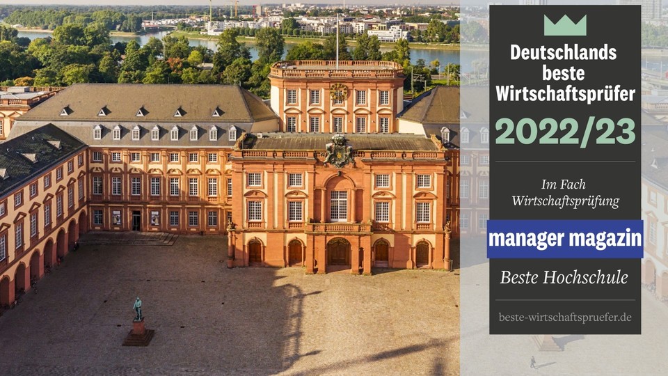 Mannheimer Schloss von schräg oben, Kasten mit Text: "Deutschlands beste Wirtschaftsprüfer 2022/23. Im Fach Wirtschaftsprüfung. manager magazin. Beste Hochschule