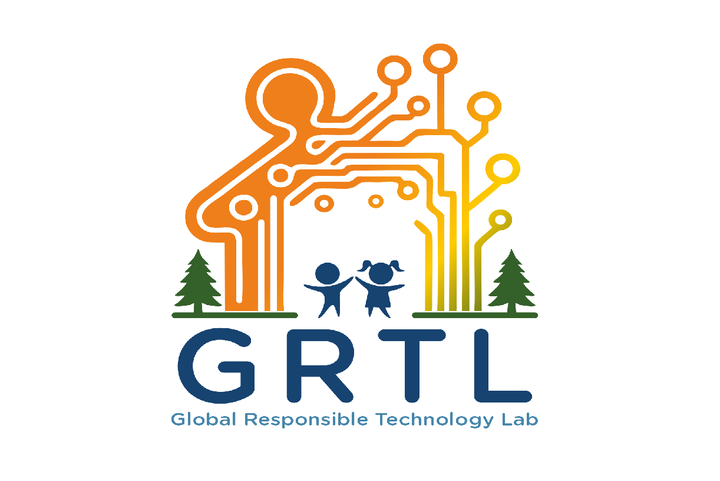 Logo of the GRTL Lab, two children in front of a background that combines a gingerbread house and a platine