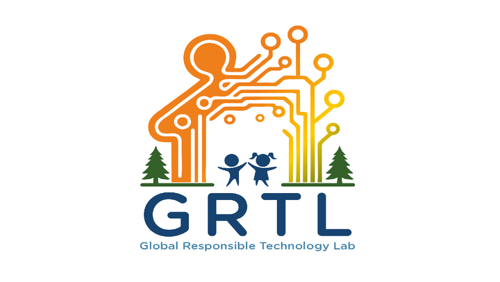 Logo of the GRTL Lab, two children in front of a background that combines a gingerbread house and a platine