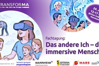 Illustrationen von Menschen mit VR-Brillen und Symbolen für Nachhaltigkeit