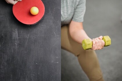 Das Bild zeigt links eine Hand mit einem roten Tischtennisschläger und einem gelben Ball. Rechts hält eine Person in grauem Oberteil und beigefarbener Hose eine grüne Hantel. Unten rechts ist das Logo des IFS- Institut fü Sport der Universität Mannheim