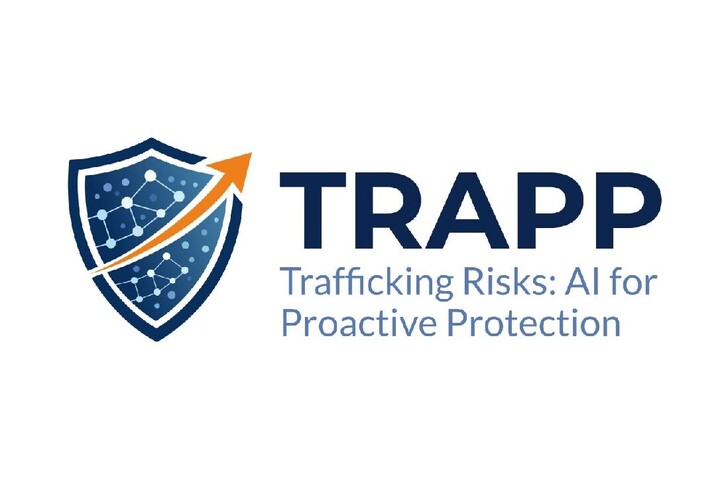 Logo of the TRAPP project - a curved orange arrow pointing to the upper right before a dark blue shield with a constellation-like pattern next to the letters "TRAPP TRafficing Risks: AI for Proactive Protection"