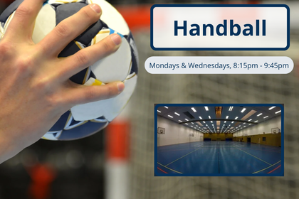 A guy with a ball in his hand and the text next to it says handball.