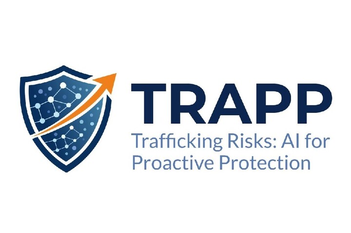 Logo of the TRAPP project - a curved orange arrow pointing to the upper right before a dark blue shield with a constellation-like pattern next to the letters "TRAPP TRafficing Risks: AI for Proactive Protection"