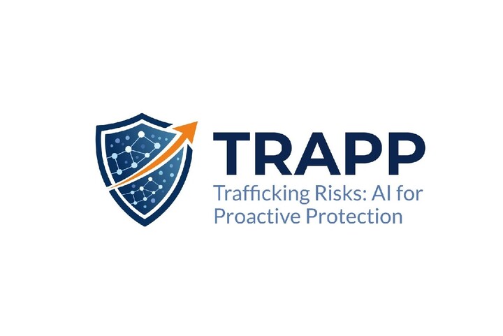 Logo of the TRAPP project - a curved orange arrow pointing to the upper right before a dark blue shield with a constellation-like pattern next to the letters "TRAPP TRafficing Risks: AI for Proactive Protection"