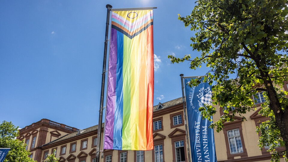 Die Progress-Flagge und die Flagge der Universität wehen vor dem Mannheimer Schloss.