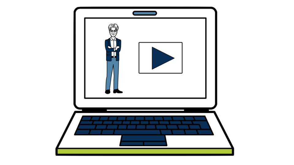 Grafik von Laptop. Auf dem Bildschirm ist ein Mensch und ein Play Button