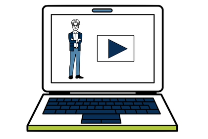 Grafik von Laptop. Auf dem Bildschirm ist ein Mensch und ein Play Button