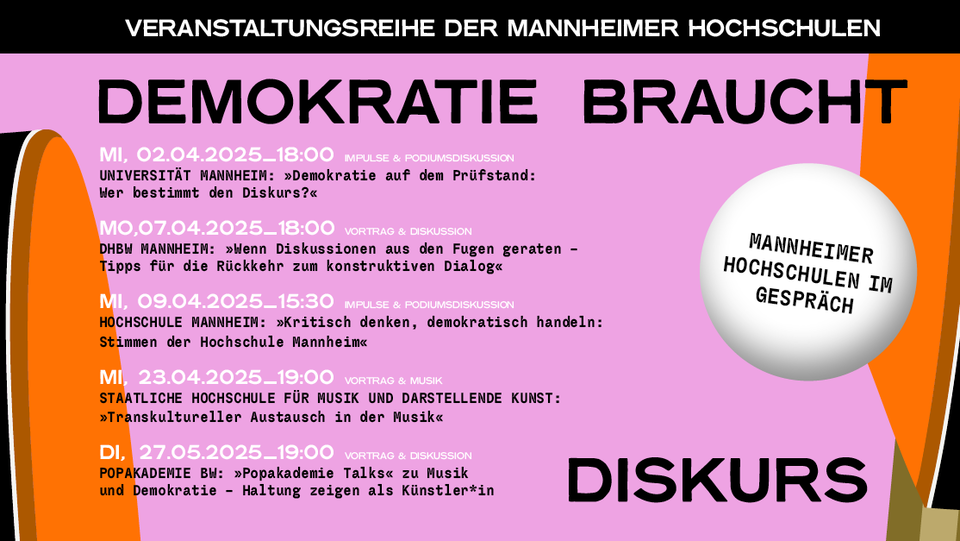 Grafik zur Veranstaltungsreihe 'Demokratie braucht Diskurs' der Mannheimer Hochschulen. Auf rosa Hintergrund sind in schwarzer und pinker Schrift die Veranstaltungstermine und -orte aufgelistet: Universität Mannheim (02.04.), DHBW Mannheim (07.04.), Hochschule Mannheim (09.04.), Staatliche Hochschule für Musik und Darstellende Kunst (23.04.) und Popakademie BW (27.05.). Ein weißer Kreis mit der Aufschrift 'Mannheimer Hochschulen im Gespräch' befindet sich auf der rechten Seite, daneben geschwungene schwarze und orangefarbene Linien als Gestaltungselemente.