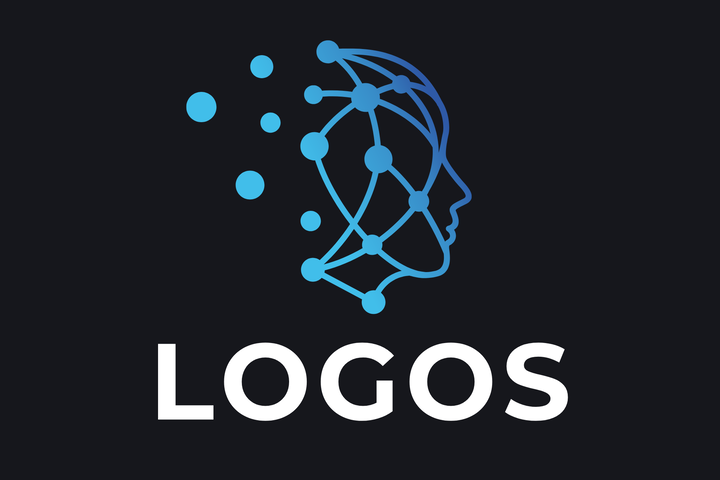 Logo of the LOGOS initiative - dots connected to a network that forms the profile of a human head, blue on black background.