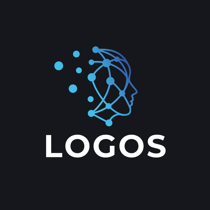 Logo of the LOGOS initiative - dots connected to a network that forms the profile of a human head, blue on black background.