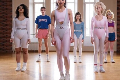 Aufnahme einer Gruppe. Sie tragen 80er-Jahre Sport-Outfits. Unten rechts ist das Logo des IFS- Institut für Sport der Universität Mannheim.