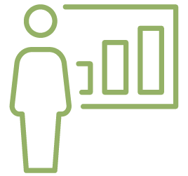 grünes Icon von Figur, die vor Balkendiagramm steht