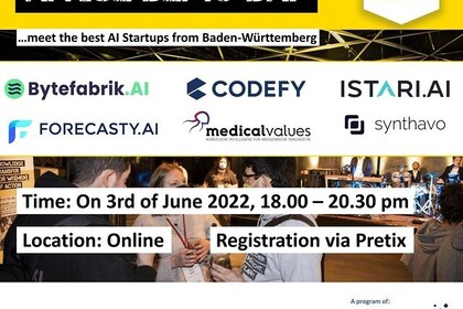 Werbeflyer für AI Rise Demo Day. Im Hintergrund: Personen mit FFP-2-Maske unterhalten sich in einer Konzertlocation. Im Vordergrund: Logos von AI-Startups. Unten Text: "Time: On 3rd of June 2022, 18.00-20.30 pm, Location: Online, Registration via Pretix". Überschrift: "AI RISE DEMO DAY... meet the best AI Startups from Baden-Württemberg" mit Logo von KI Garage in rechter oberer Ecke.