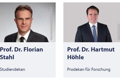 Screenshot von Uniwebsite: Foto mit Unterschrift "Prof. Dr. Florian Stahl. Studiendekan" Daneben Foto mit Unterschrift "Prof. Dr. Hartmut Höhle. Prodekan für Forschung"