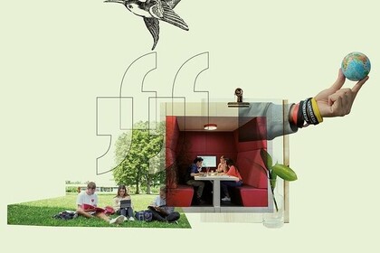 Foto- und Zeichencollage auf hellgrünem Grund: Studierende lernen auf der Mensawiese und in einer Bibliothekskabine, eine Hand hält einen kleinen Globus, mittig große Anführungszeichen und ein Vogel.