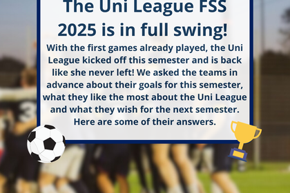 Text for the Uni League with a picture of a team celebrating in the back