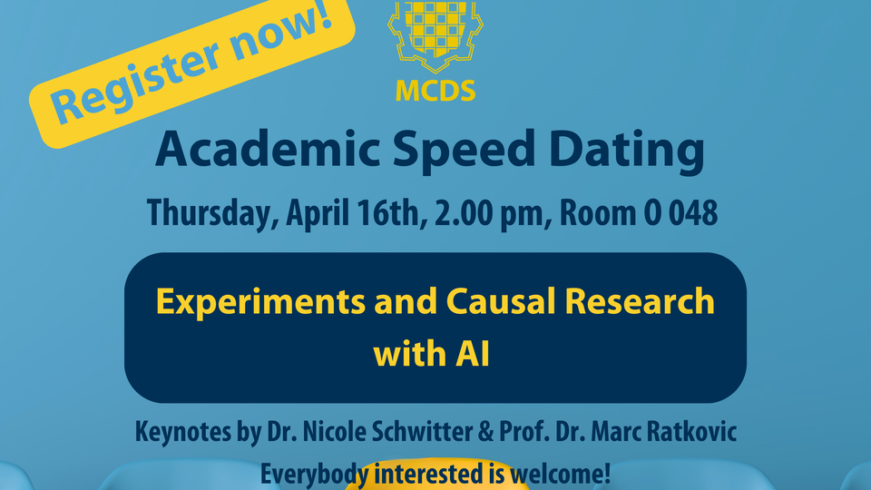 Einladung mit blauen Hintergrund und dunkel-blauer Schrift "Academic Speed Dating".