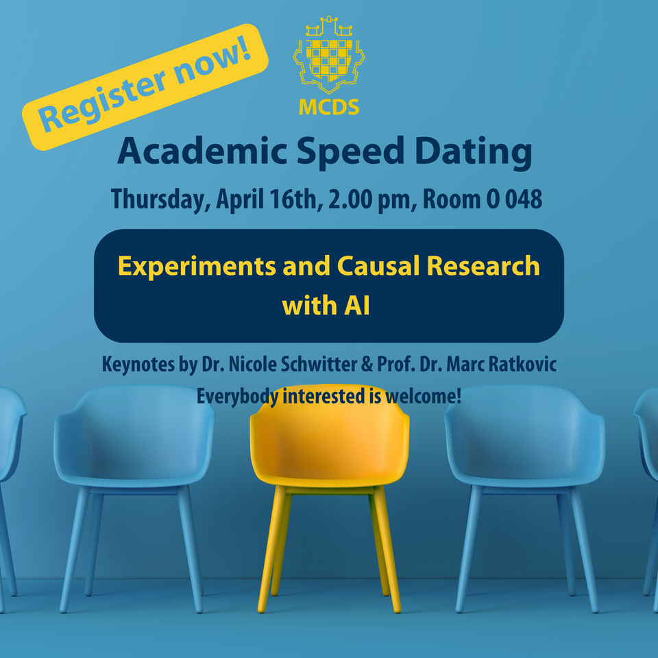 Einladung mit blauen Hintergrund und dunkel-blauer Schrift "Academic Speed Dating".
