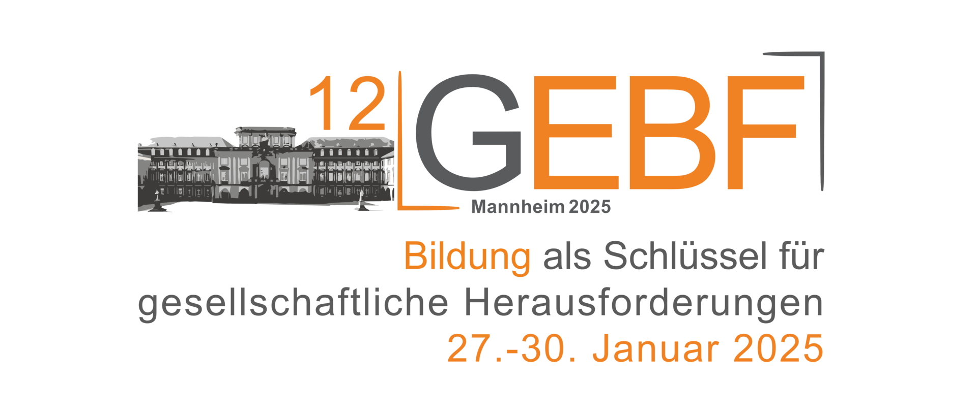 Das Logo der 12. GEBF 2025, das das Schloss Mannheim enthält. Der Slogan lautet "Bildung als Schlüssen für gesellschaftliche Herausforderungen". Der Zeitraum der Tagung ist vom 27. zum 30. Januar 2025.