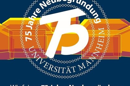 In der Mitte steht: "75 Jahre Neubegründung Universität Mannheim". Darunter steht: "Wir feiern 75 Jahre Neubegründung Universität Mannheim!"