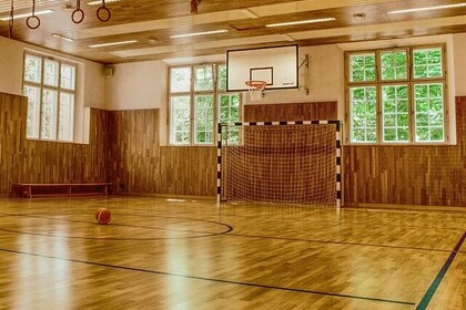 Aufnahme einer Sporthalle. Ein Fußballtor steht in der Mitte und darüber ist ein Basketballkorb zu sehen. Links daneben liegt ein Basketball auf dem Boden. Unten rechts ist das Logo des IFS- Institut für Sport der Universität Mannheim.
