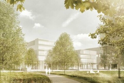Architekturfoto von drei neuen Universitätsgebäuden im Friedrichspark.