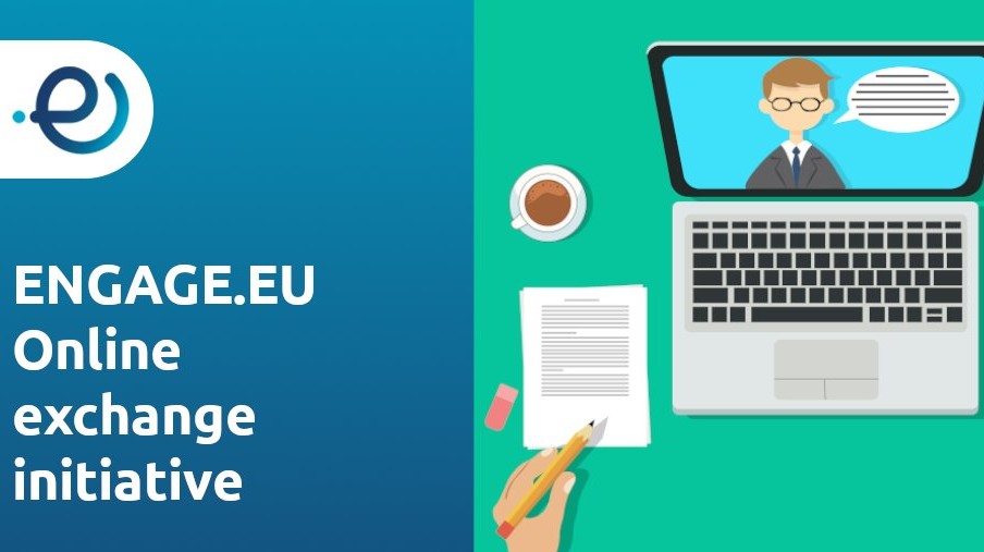 Clipart eines aufgeklappten Laptops. Links steht in weißer Schrift: "Engage.EU Online exchange initiative"