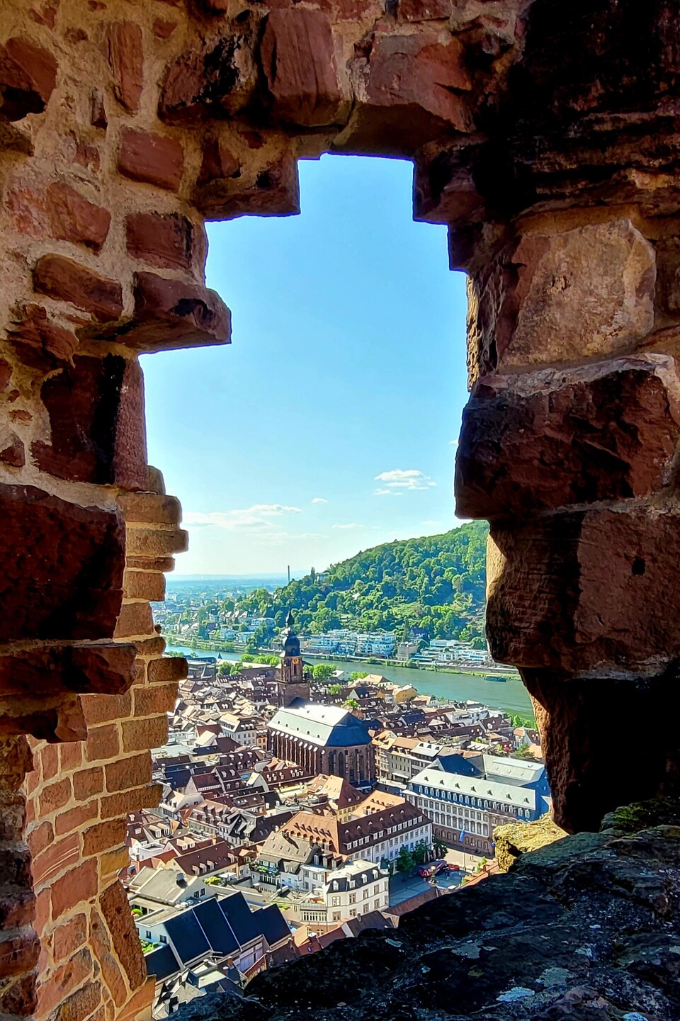 Heidelberger Altstadt mit Stiftskirche und Neckarfluss vom Schloss aus, durch ein ruinöses Fenster hindurch fotografiert.