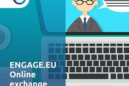Comicartige Grafik eines aufgeklappten Laptops. Auf dem Bildschirm des Laptops ist eine männliche Figur mit Anzug, Krawatte und Brille zu sehen. Ihm ist eine stilisierte Sprechblase zu geordnet. Überlagert wird das Motiv durch den Schriftzug ENGAGE.EU Online Exchange Initiative. Link: Instagram Post zu Exchange Initiative