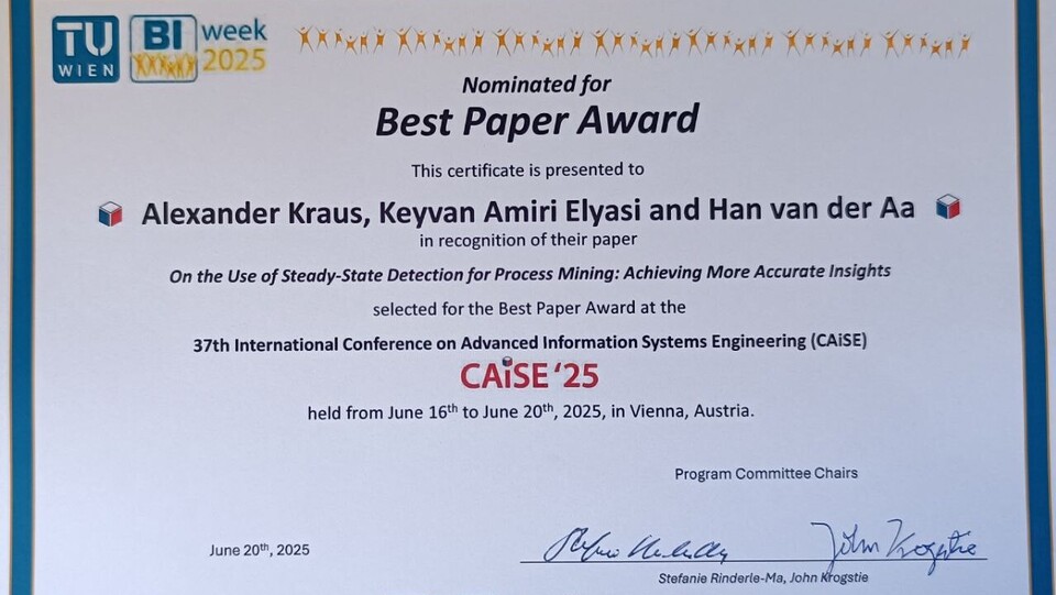 Nominierung für "The Best Paper Award at the International Conference on Advanced Information Systems Engineering (CAiSE) 2025" in Wien
