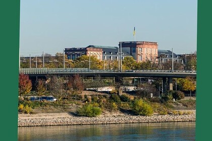 Blick auf eine Brücke. Im Hintergrund ist die Universität Mannheim zu sehen. Oben links steht "Green Uni Ma".