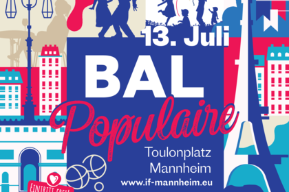 Plakat vom Bal Populaire in den Farben der französischen Flagge