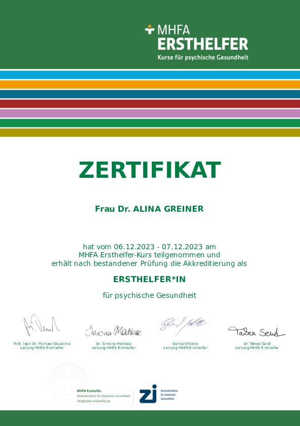 Alina greiner accredited as mental health first aider fakult t f r
