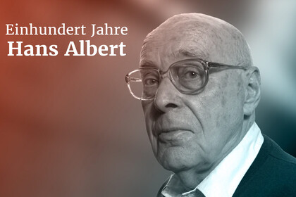 Portrait von Hans Albert. Er trägt ein weißes Hemd. Links neben ihm steht in weißer Schrift "einhundert Jahre Hans Albert".