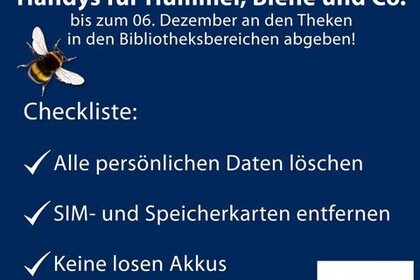 Grafik mit dem Aufruf, alte oder kaputte Handys für die Aktion „Handys für Hummel, Biene & Co.“ des NABU zu spenden. . Link: Instagram Handyspende