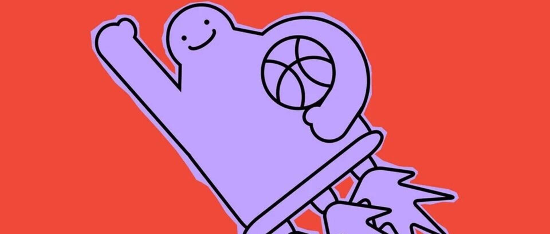 Illustration of a purple cartoon character with a basketball flying through the air like a rocket, on a red background.