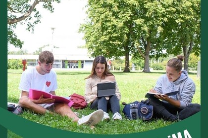 Drei Studierende sitzen bei sonnigem Wetter auf der grünen Mensawiese unten den Bäumen. Die beiden jungen Männer lesen in Büchern, die junge Frau arbeitet an ihrem Laptop. Link: Instagram-Post Green Uni Ma Agenda 2030
