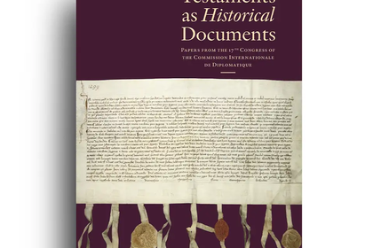 Buchcover 'Testaments as Historical Documents' mit Pergamenturkunde und neun Pergamentstreifen mit zum Teil daran befestigten, zum Teil abgefallenen Siegeln 